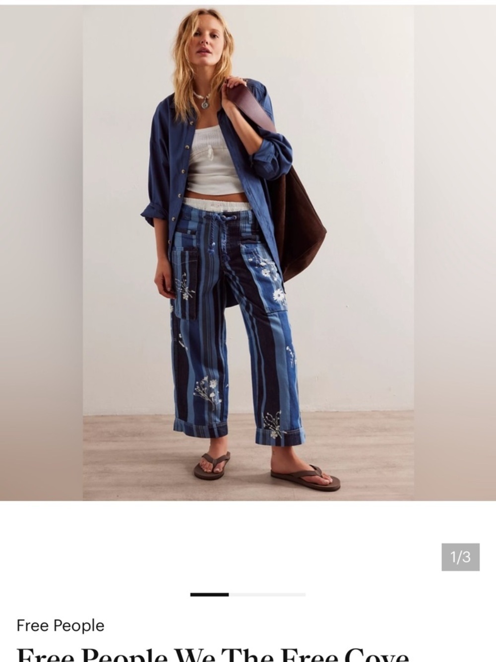 NEW Free People We The Free Cove Crop Pull On Stripe Floral Print Denim Jeans XS - Picture 2 of 14
